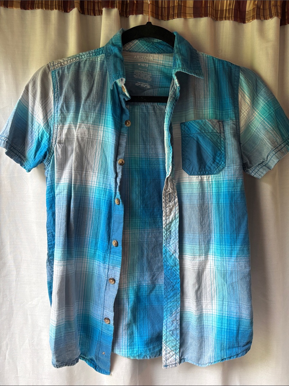 Arizona Jean Company Turquoise and Light Blue Plaid Short-Sleeve Button-Up